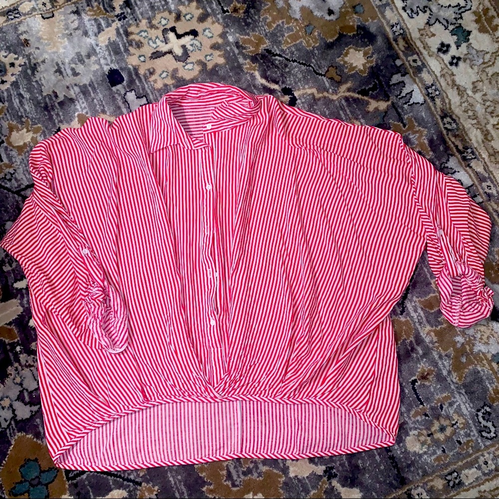 Red and white Striped, cropped button-up